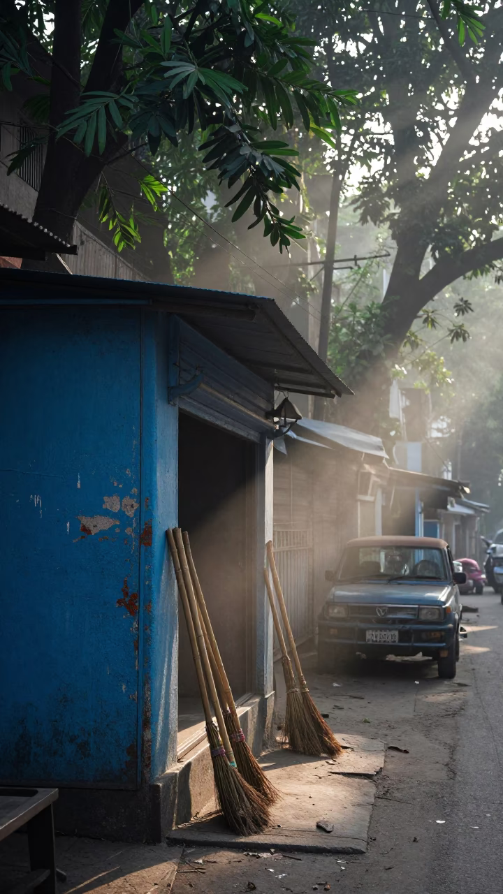 Early Morning Kolkata Street Scene with Brooms and Condensation on Tile Grout in in Kolkata, India