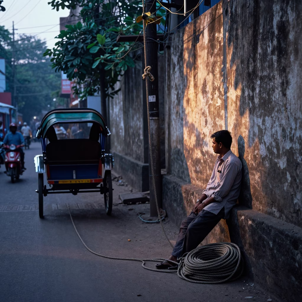Early Morning Kolkata Street Scene with Coiled Rope and Tea Stains in in Kolkata, India