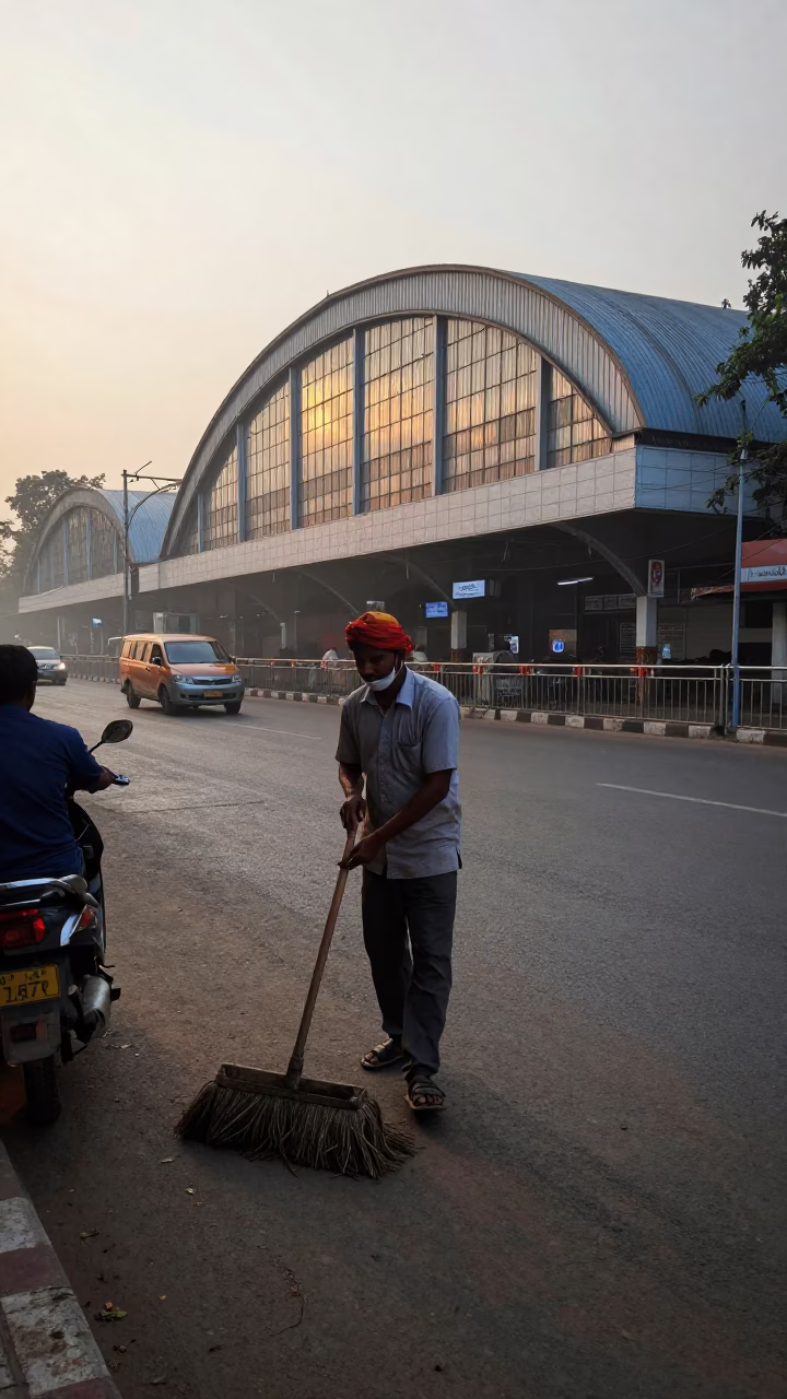 Early Morning Kolkata Street Scene with Dust Mop and Train Station Background in in Kolkata, India