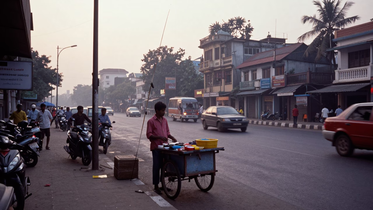 Early Morning Kolkata Street Scene with Fishing Floats and Local Market Activity in in Kolkata, India