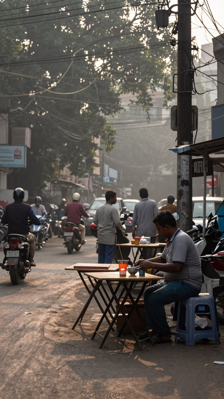 Early Morning Kolkata Street Scene with Folding Tables and Sunlight on Tiles in in Kolkata, India