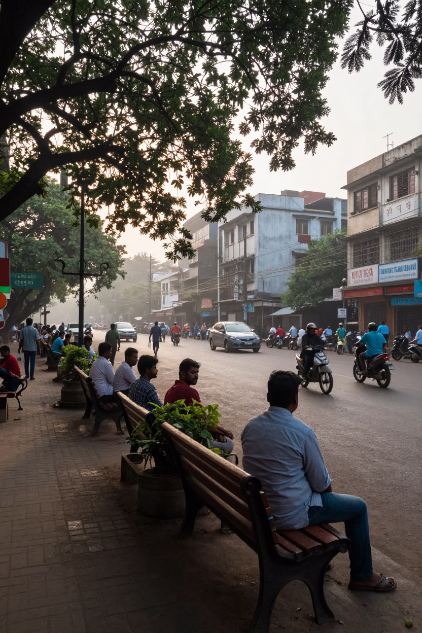 Early Morning Kolkata Street Scene with Garden Benches and Morning Commuters in in Kolkata, India