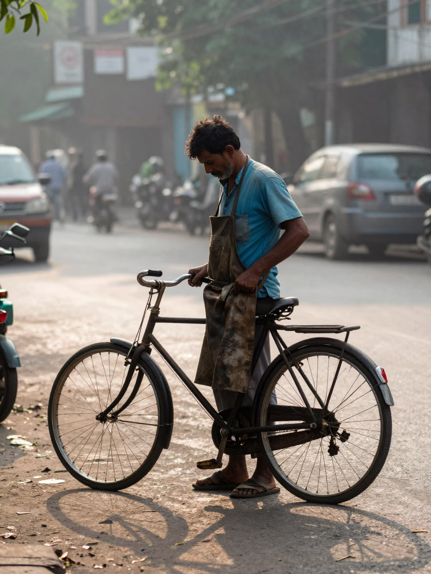 Early morning Kolkata street scene with gardener and tool aprons in in Kolkata, India