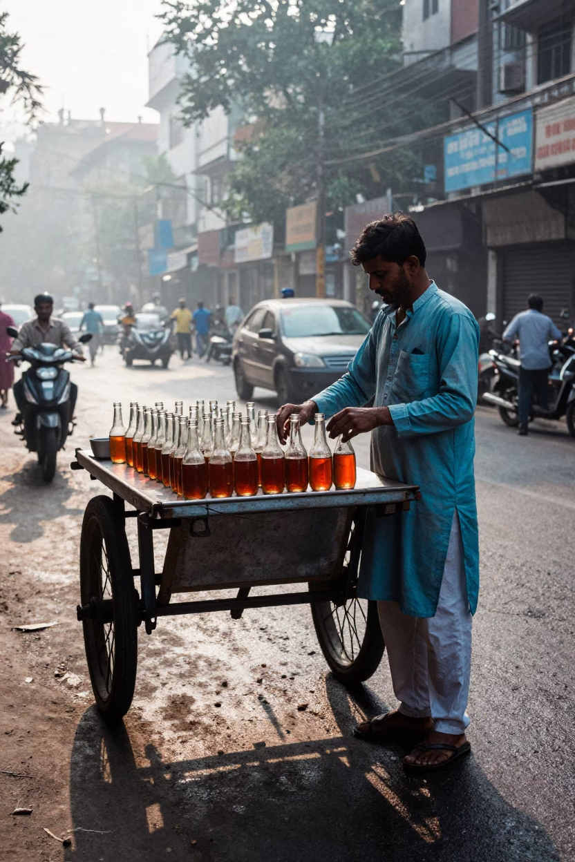Early Morning Kolkata Street Scene with Glass Bottles and Brushed Steel Handle in in Kolkata, India