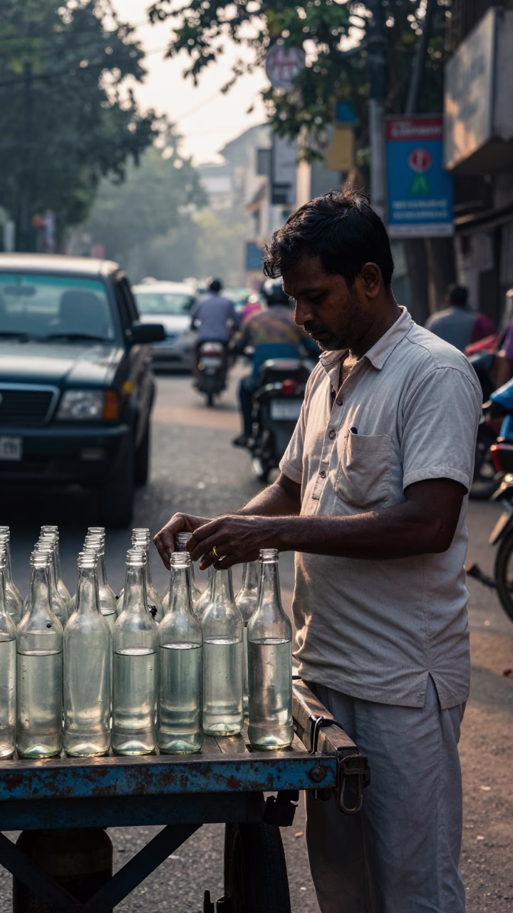 Early Morning Kolkata Street Scene with Glass Bottles and Local Commerce in in Kolkata, India