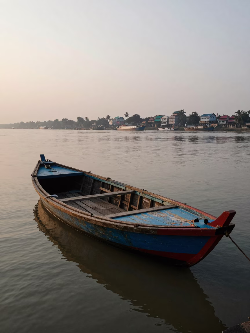 Early Morning Kolkata Street Scene with Junk Boat and Fisherman at Dawn in in Kolkata, India