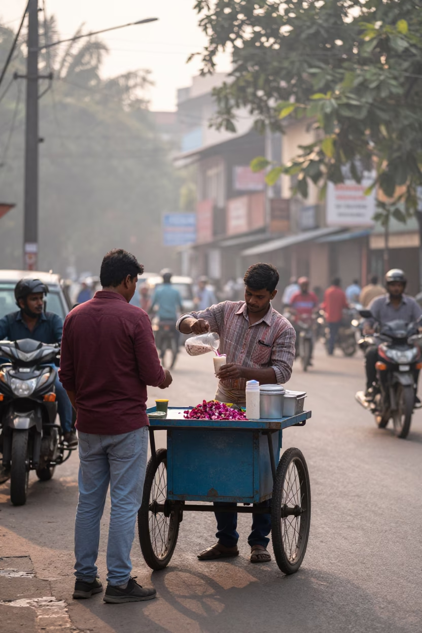 Early Morning Kolkata Street Scene with Lassi and Urban Life in in Kolkata, India