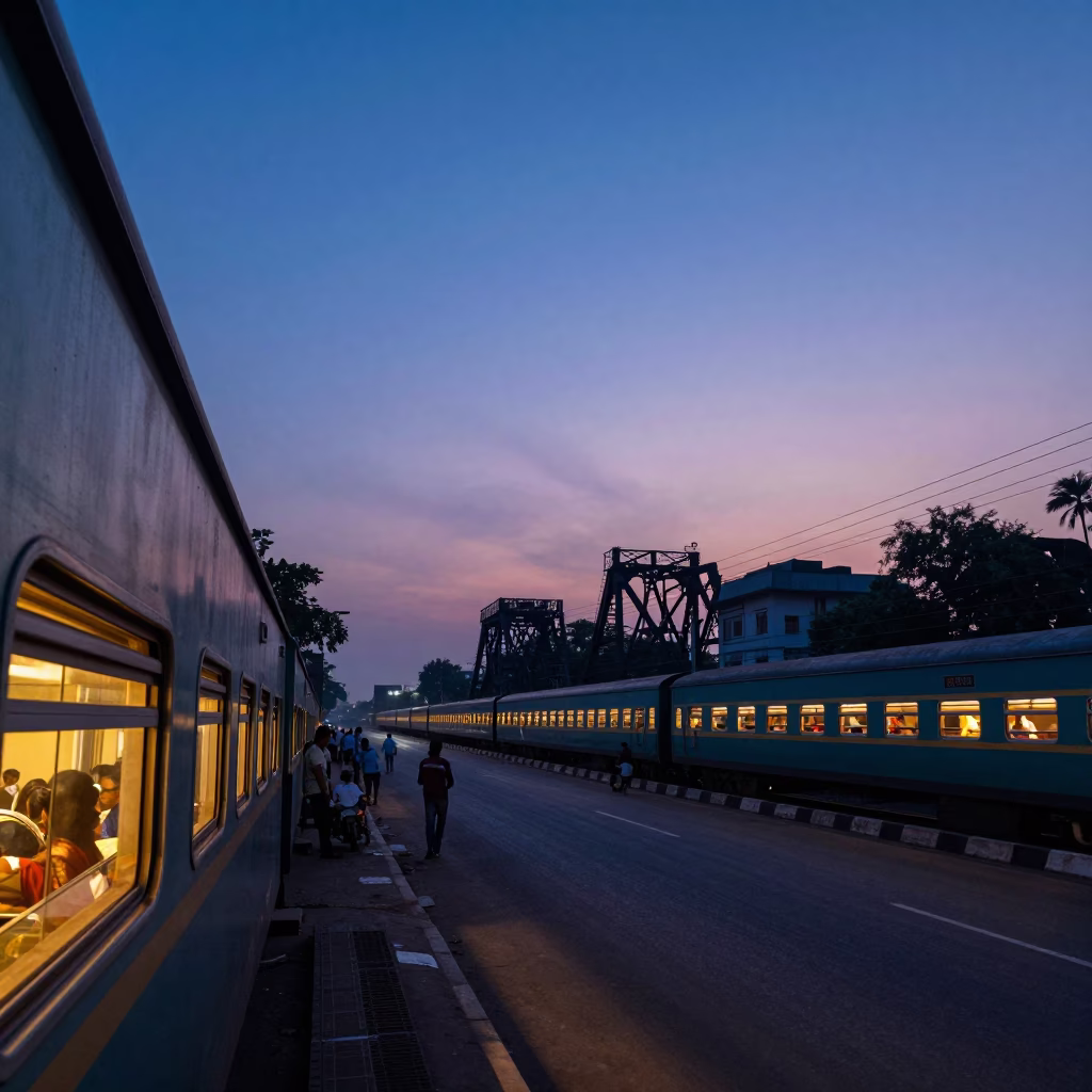 Early Morning Kolkata Street Scene with Lit Train Windows and Urban Details in in Kolkata, India
