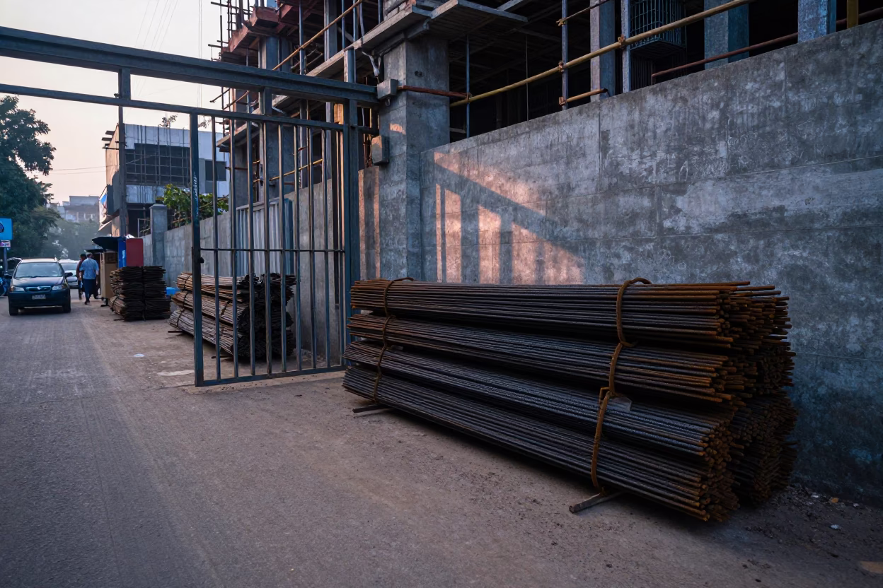 Early Morning Kolkata Street Scene with Rebar Bundles and Construction Elevator Gate Before Sunrise in in Kolkata, India