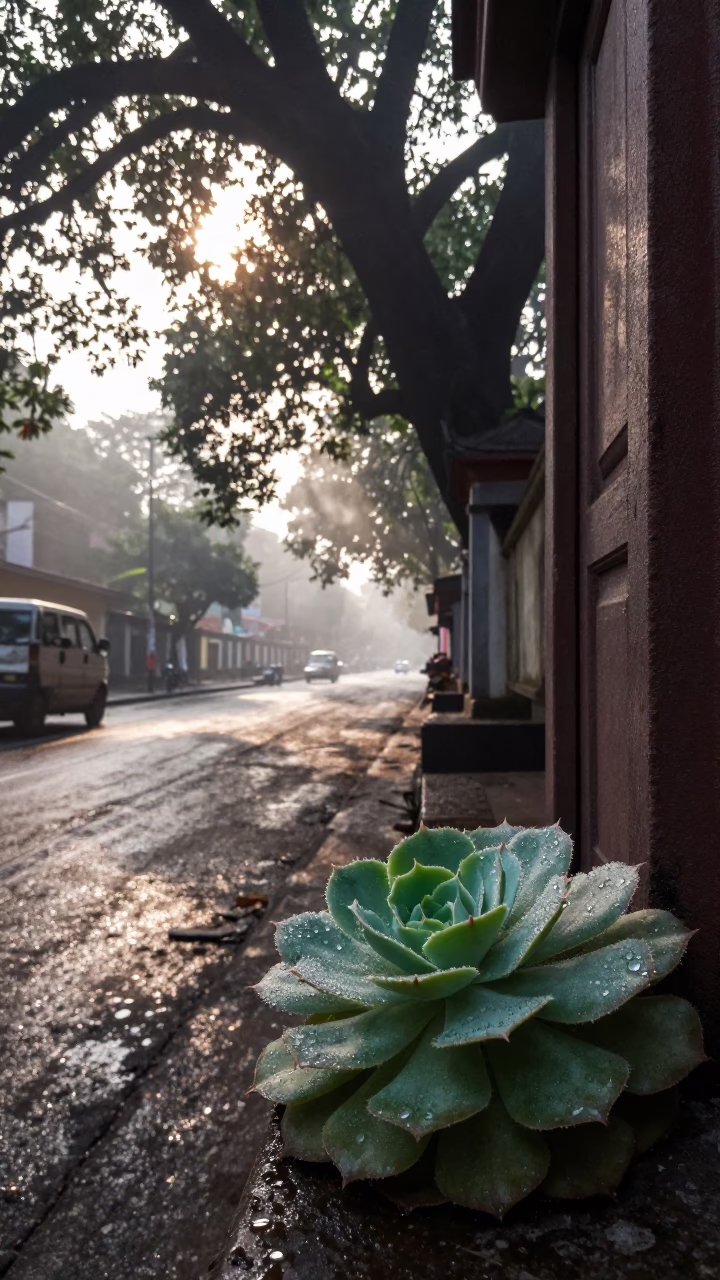 Early Morning Kolkata Street Scene with Steam and Morning Dew on Echeveria in in Kolkata, India