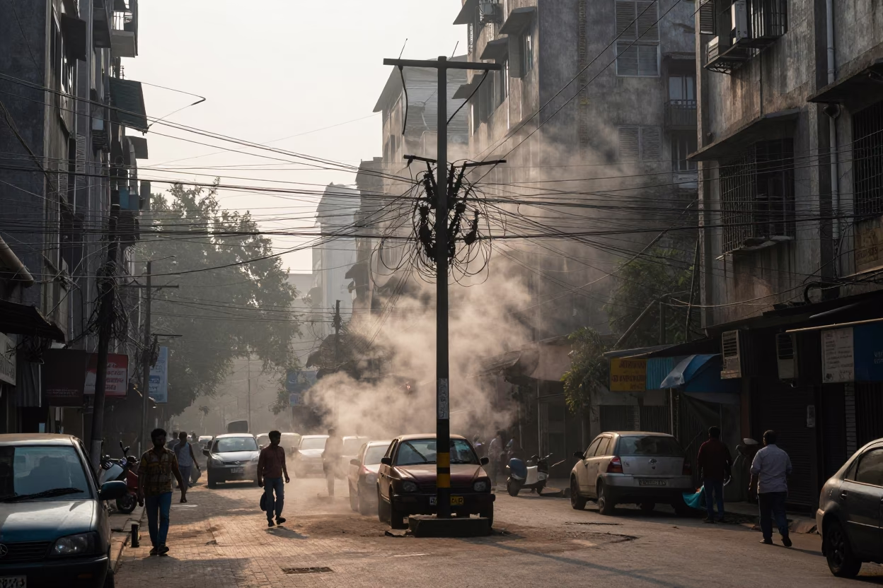 Early Morning Kolkata Street Scene with Steam and Urban Infrastructure in in Kolkata, India