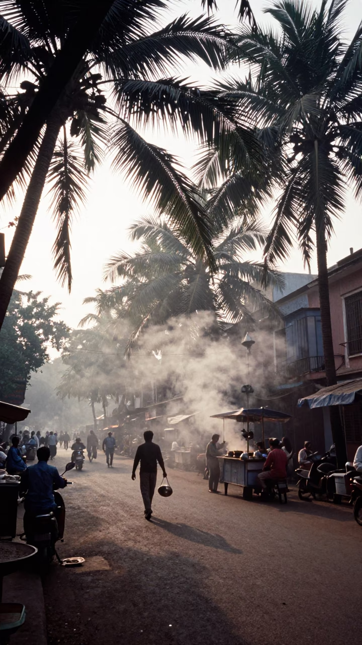 Early Morning Kolkata Street Scene with Steam Haze and Local Morning Routine in in Kolkata, India