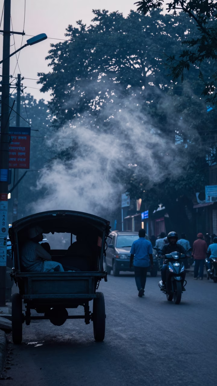 Early Morning Kolkata Street Scene with Steam Haze and Traffic Interchange Before Dawn in in Kolkata, India