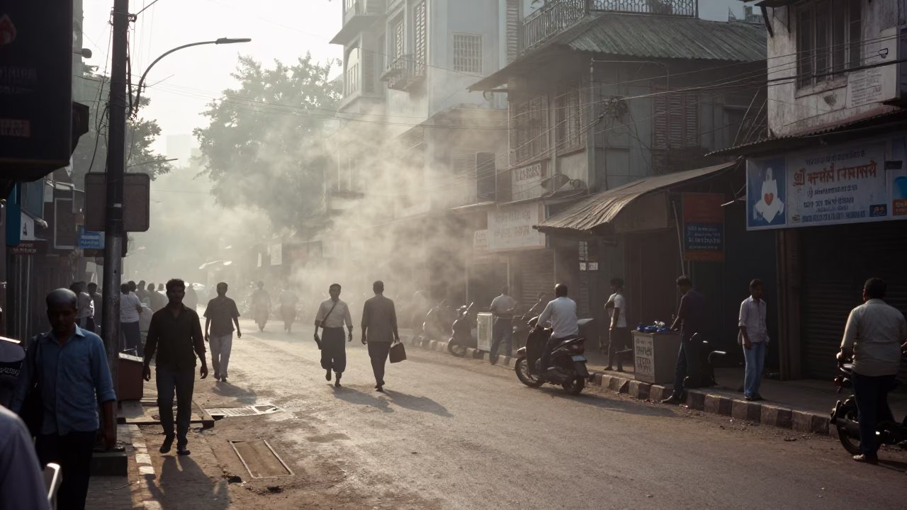 Early Morning Kolkata Street Scene with Steam Haze and Urban Commuters in in Kolkata, India