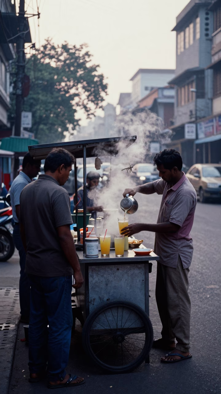 Early Morning Kolkata Street Scene with Sugarcane Juice and Copper Bowls in in Kolkata, India