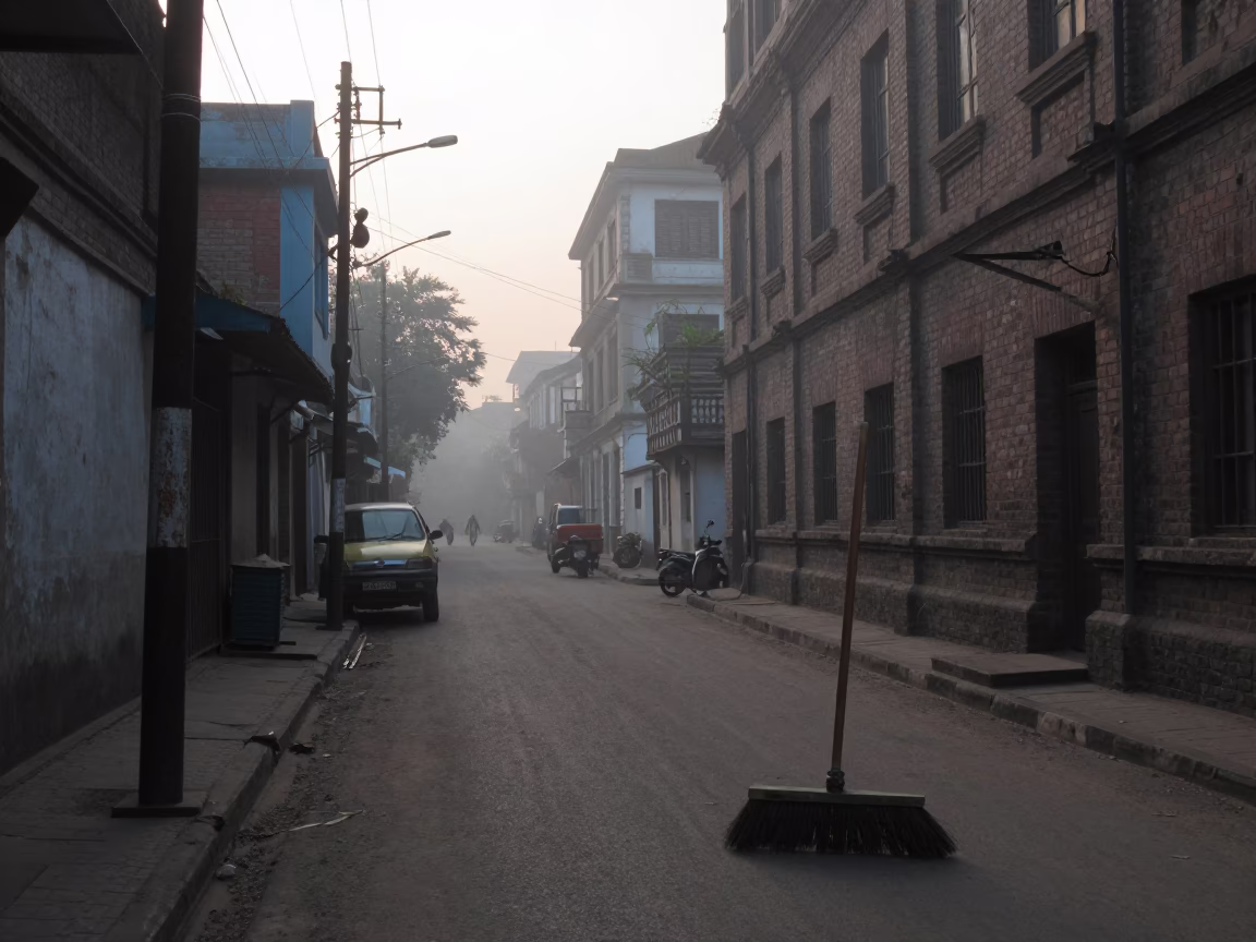 Early Morning Kolkata Street Scene with Sweeping Broom and Stone Slab in in Kolkata, India