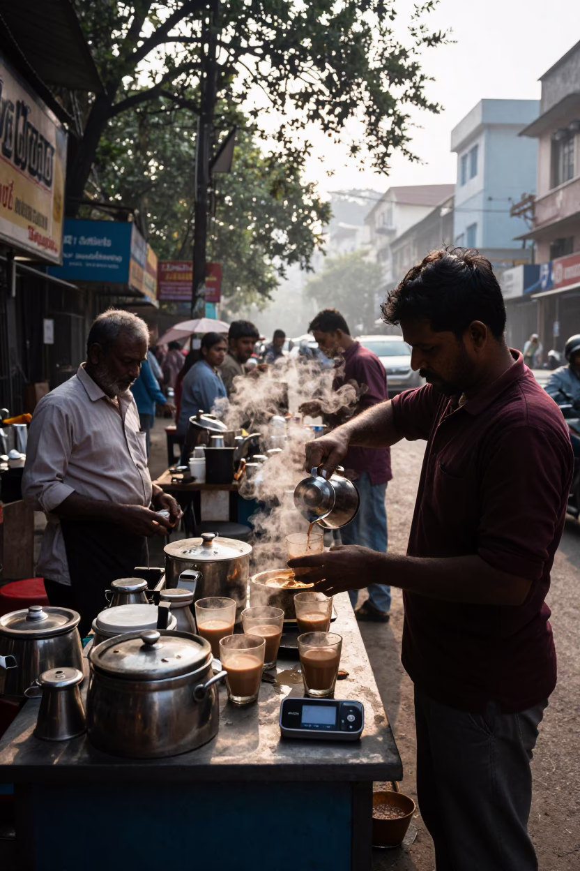 Early Morning Kolkata Street Scene with Tea Stall and Local Vendor Interaction in in Kolkata, India