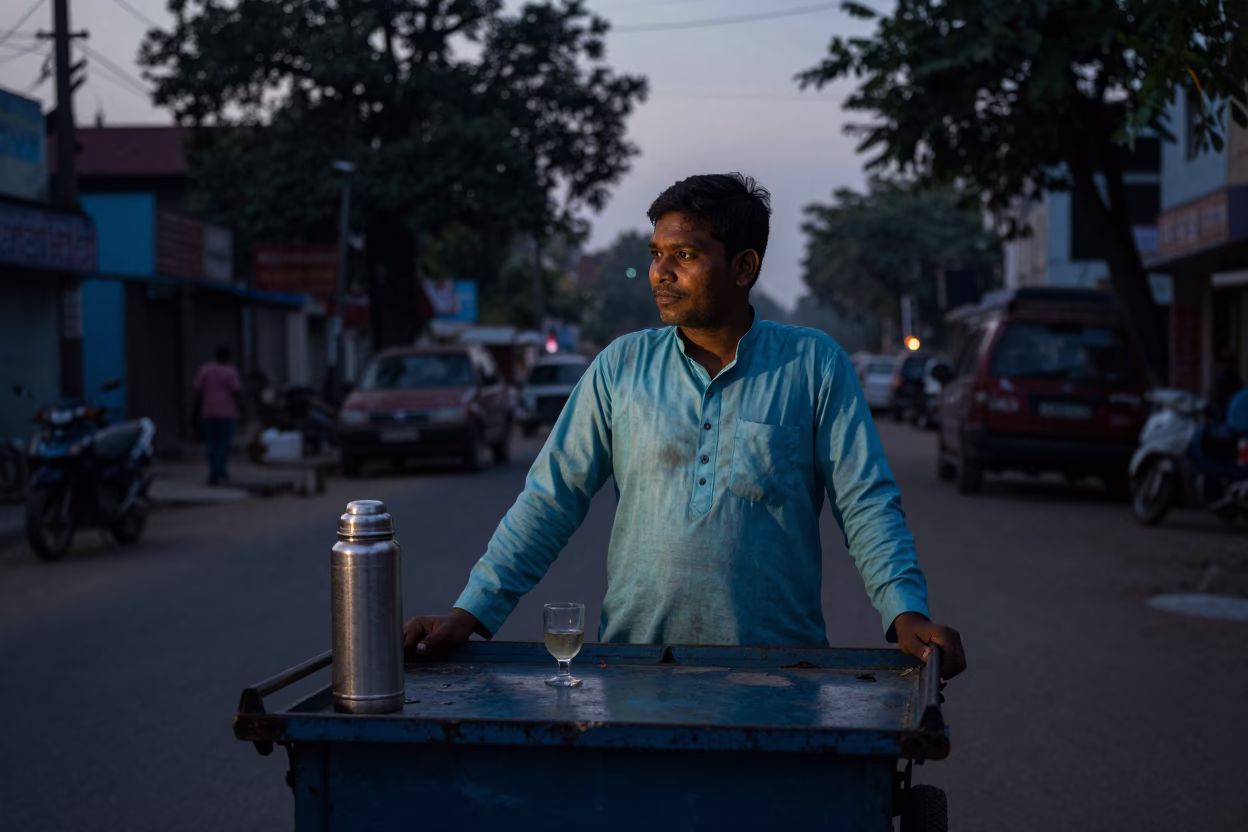 Early Morning Kolkata Street Scene with Thermos and Glass Jar Before Sunrise in in Kolkata, India