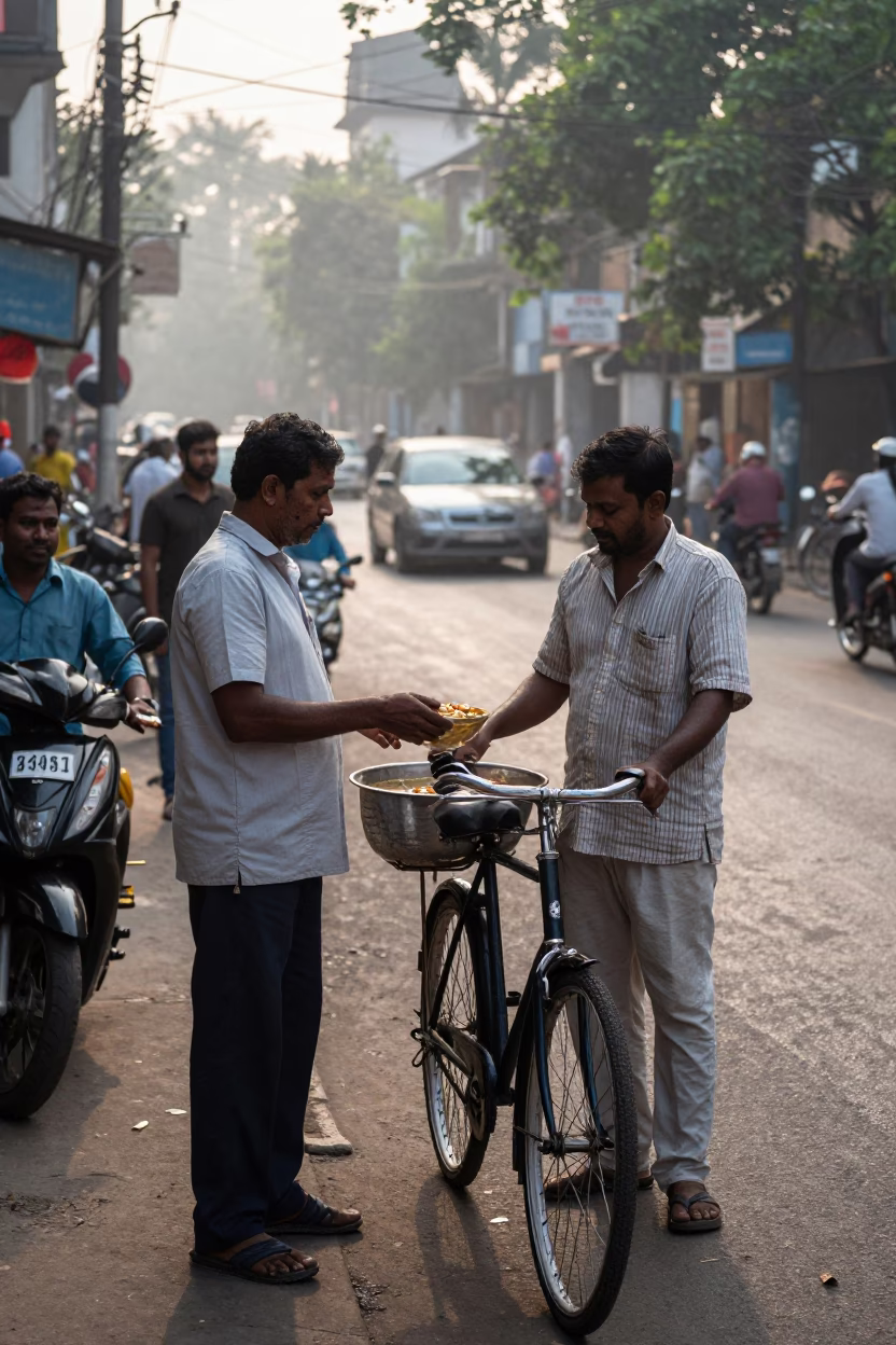 Early Morning Kolkata Street Scene with Vendor and Bicycle in 1980s India in in Kolkata, India