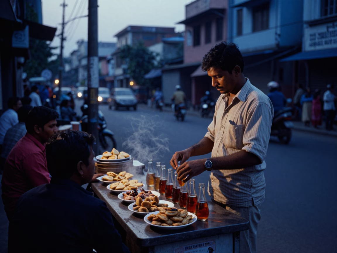 Early Morning Kolkata Street Scene with Vendor Selling Tea and Snacks Before Dawn in in Kolkata, India