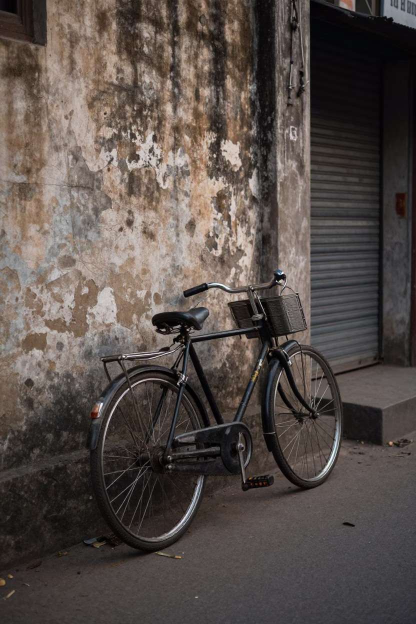 Early Morning Kolkata Street Scene with Vintage Bicycle and Iron Deadbolt in in Kolkata, India