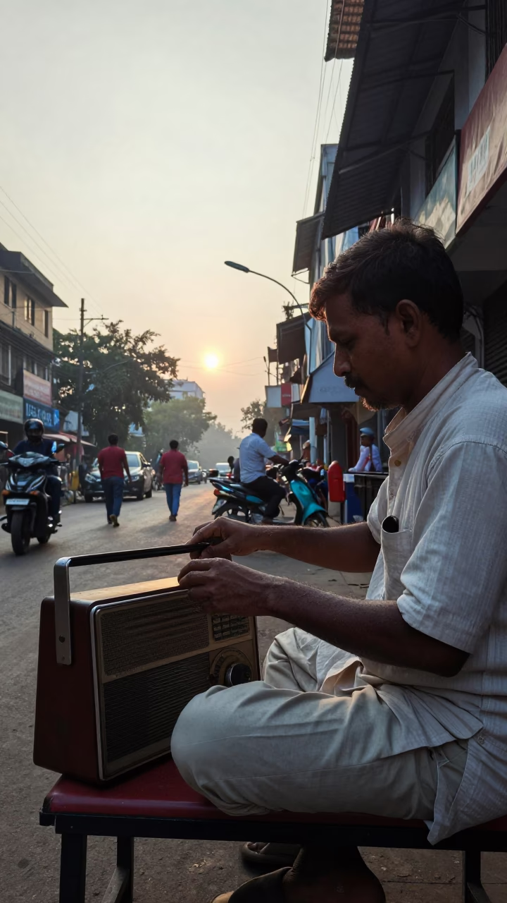 Early Morning Kolkata Street Scene with Vintage Radio and Rusty Metal Details in in Kolkata, India