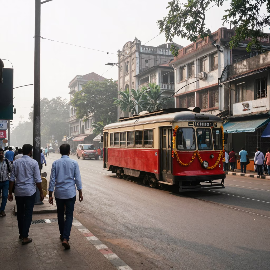 Early Morning Kolkata Street Scene with Vintage Trams and Local Life in in Kolkata, India