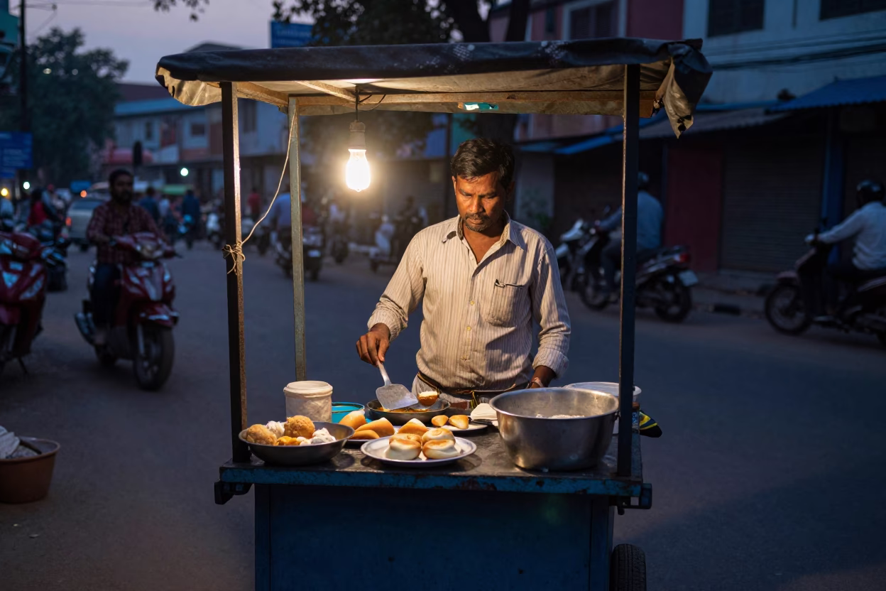 Early Morning Kolkata Street Vendor Preparing Traditional Breakfast Before Dawn in in Kolkata, India