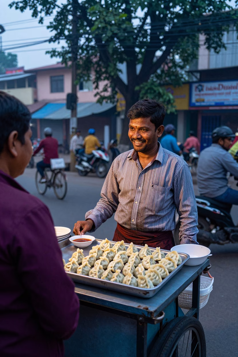 Early Morning Kolkata Street Vendor Selling Momos with Chutney Before Sunrise in in Kolkata, India