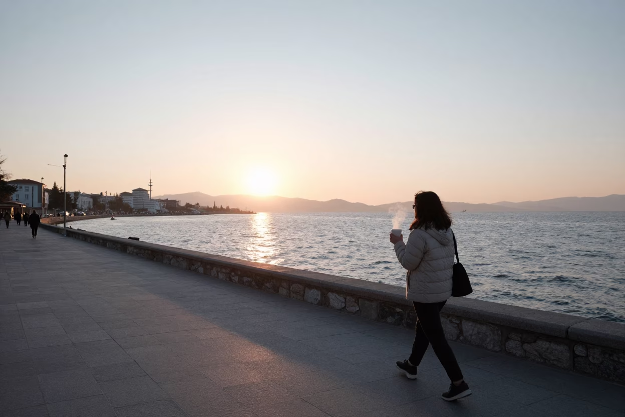Early Morning Kordon Promenade Izmir Turkey Sunrise Sea View in in Izmir, Turkey