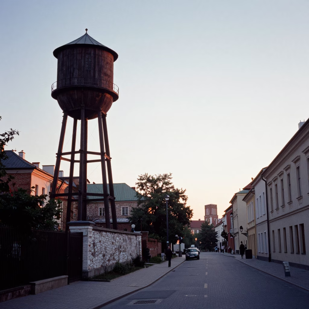 Early Morning Krakow Landscape with Water Tower and Roman Aqueduct Inspiration in in Krakow, Poland