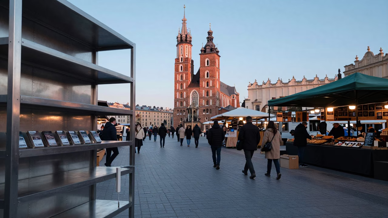 Early Morning Krakow Market Scene with Brushed Steel Shelves and Local Interaction in in Krakow, Poland