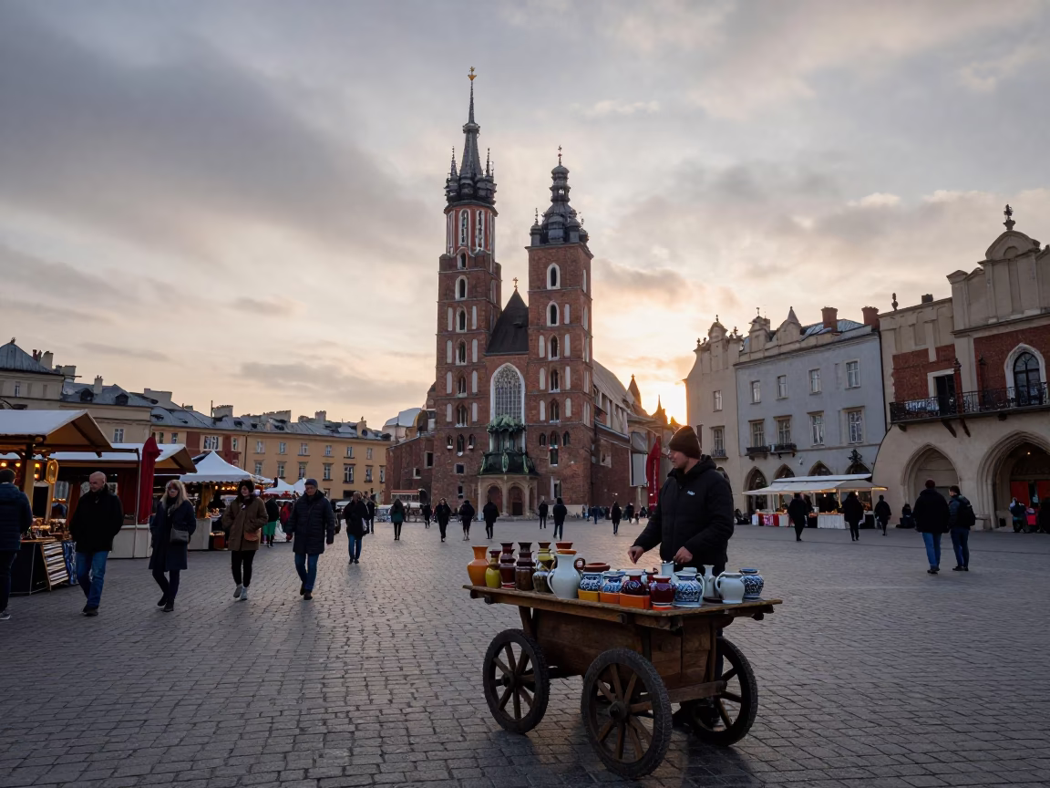 Early Morning Krakow Market Scene with Ceramic Pitcher and Local Vendor at Dawn in in Krakow, Poland