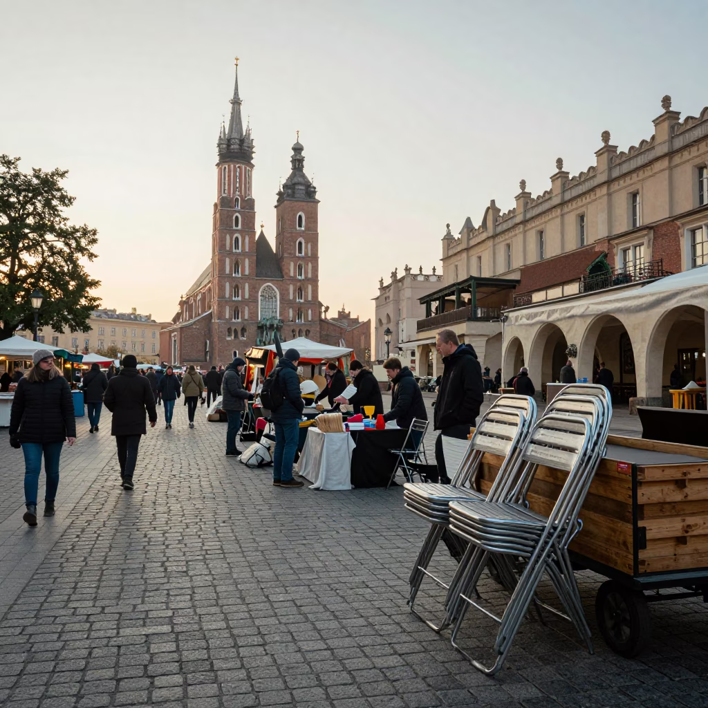 Early Morning Krakow Market Scene with Folding Chairs and Local Vendors at Sunrise in in Krakow, Poland