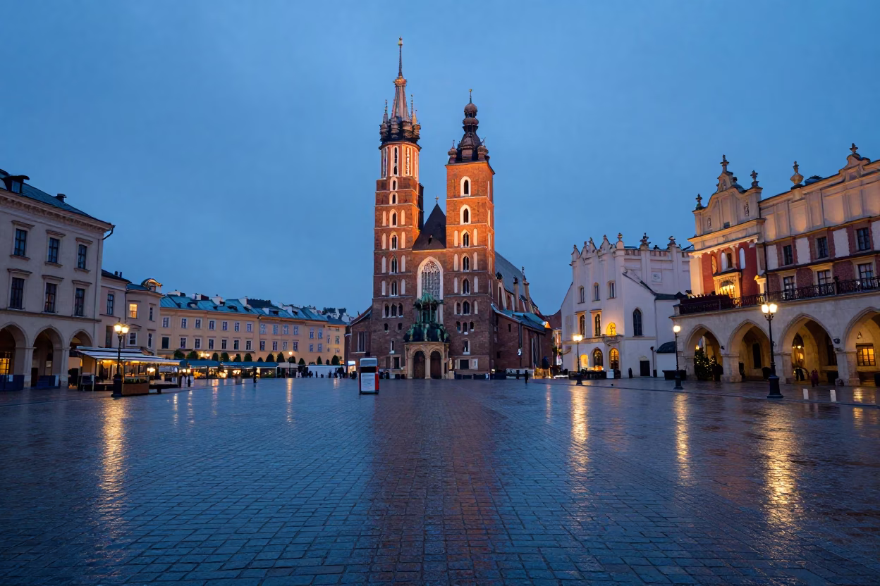 Early Morning Krakow Market Square Cobblestones and Historic Architecture Before Sunrise in in Krakow, Poland
