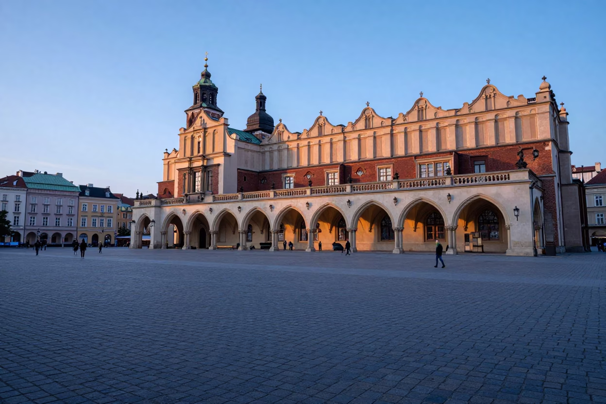 Early Morning Krakow Market Square with Cobblestones and Historic Sukiennice Facade in in Krakow, Poland