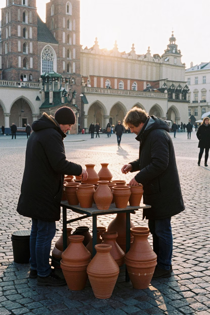 Early Morning Krakow Market Stall with Clay Pots and Local Commerce in in Krakow, Poland