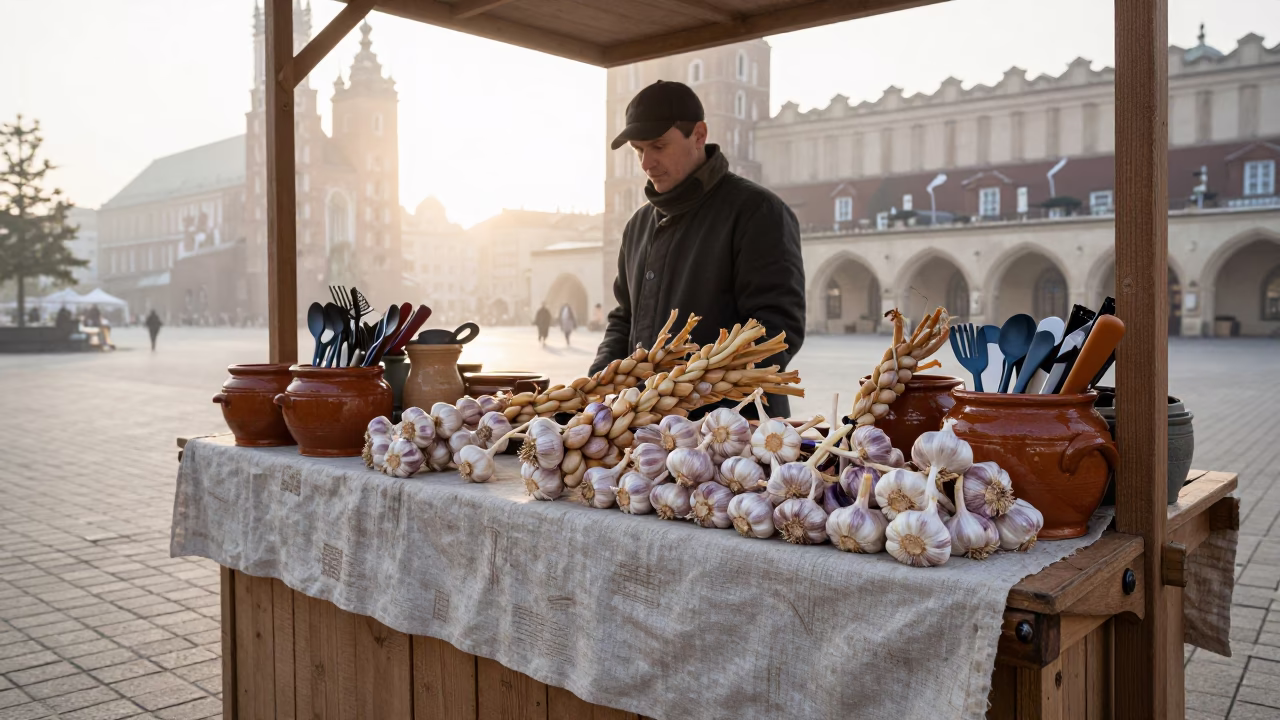 Early Morning Krakow Market Stall with Garlic and Utensils in in Krakow, Poland