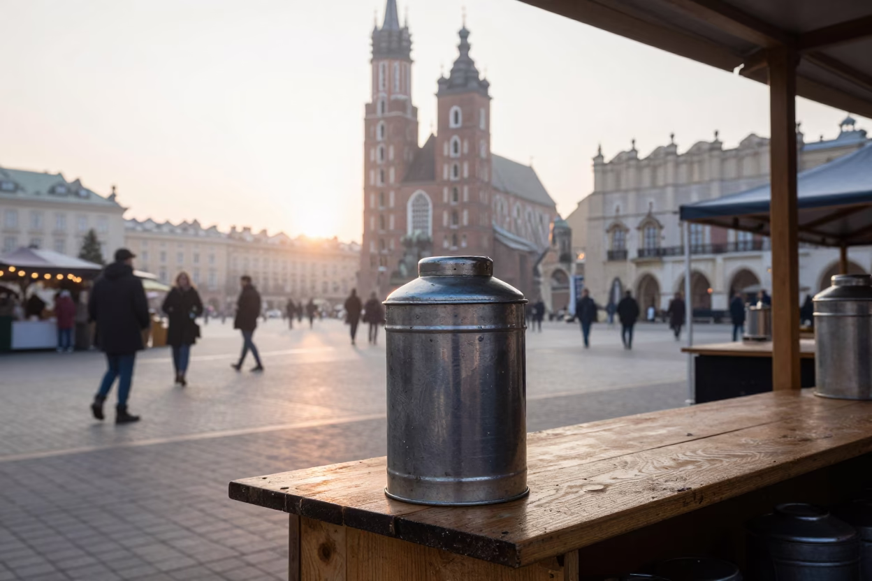 Early Morning Krakow Market Stall with Tiffin Tin and Rope at Dawn in in Krakow, Poland
