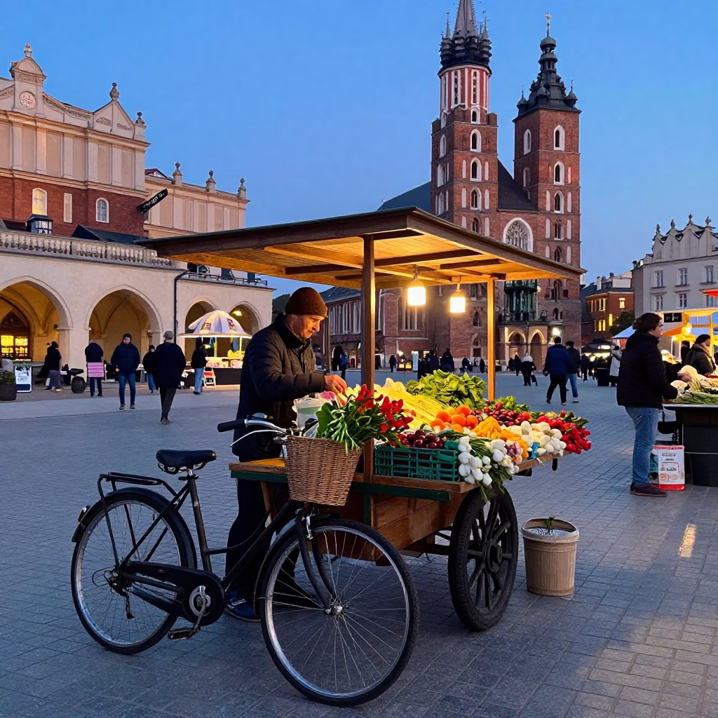 Early Morning Krakow Market Stall with Vintage Bicycle and Local Vendor in in Krakow, Poland
