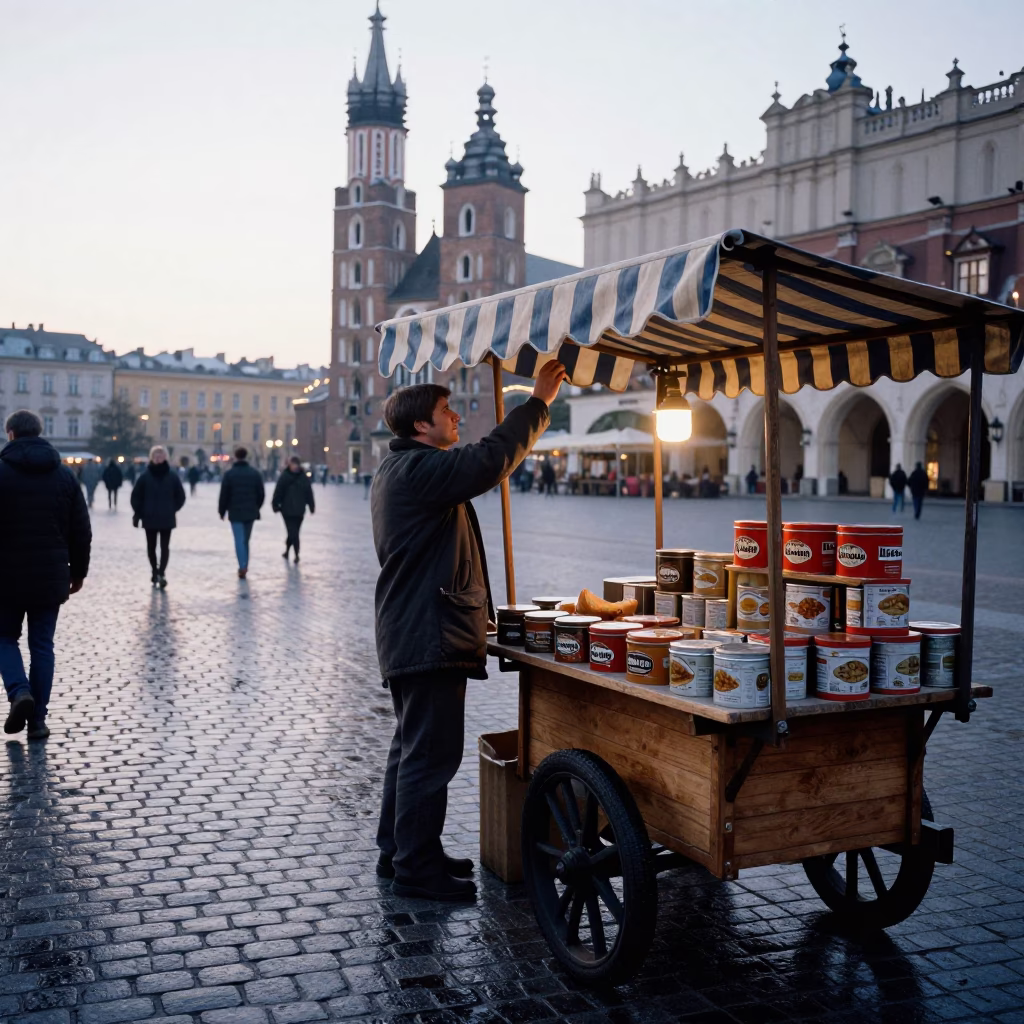 Early Morning Krakow Market Stall with Vintage Biscuit Tin and Local Vendor in in Krakow, Poland