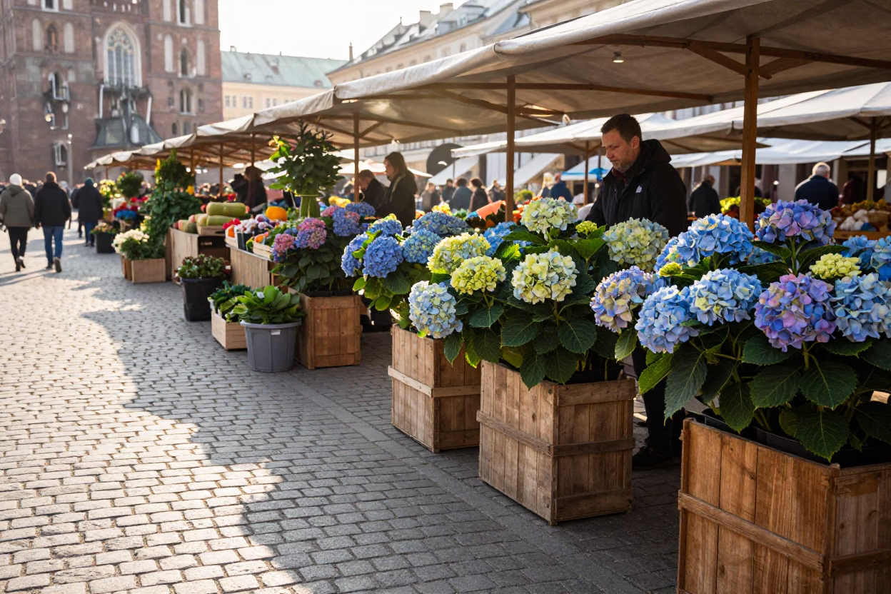 Early Morning Krakow Market Stalls with Hydrangeas and Local Commerce in in Krakow, Poland