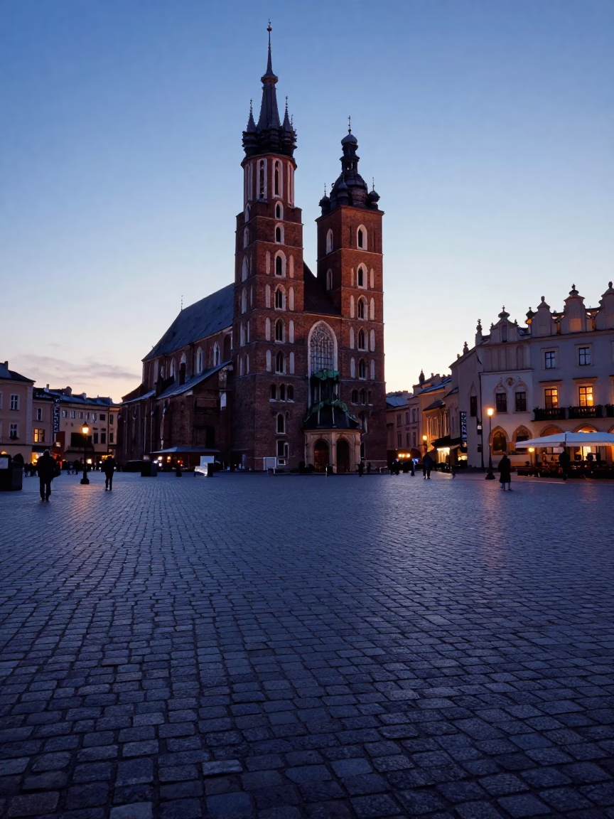 Early Morning Krakow Poland Market Square Cobblestones Before Sunrise in in Krakow, Poland