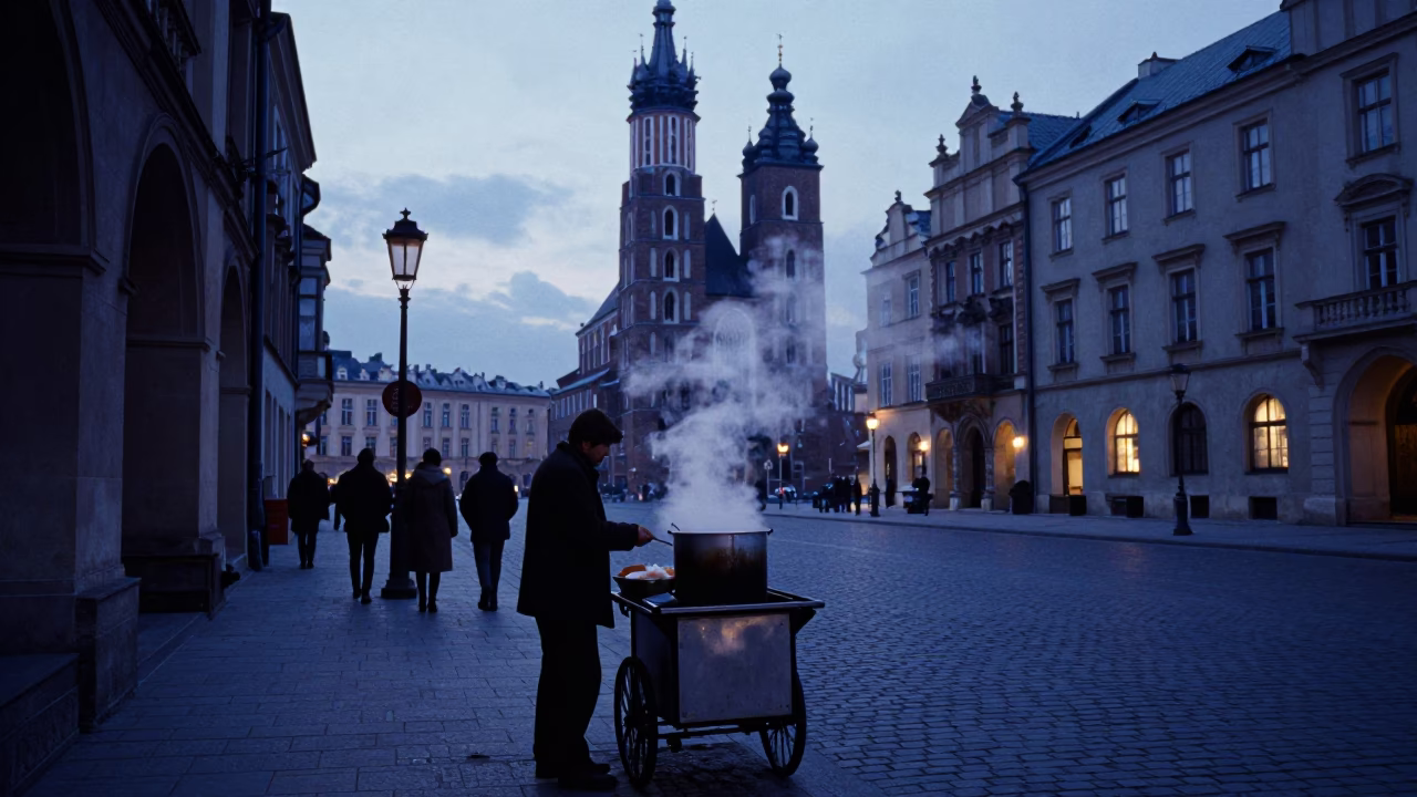 Early Morning Krakow Poland Street Scene Before Dawn with Steam and Cobblestones in in Krakow, Poland