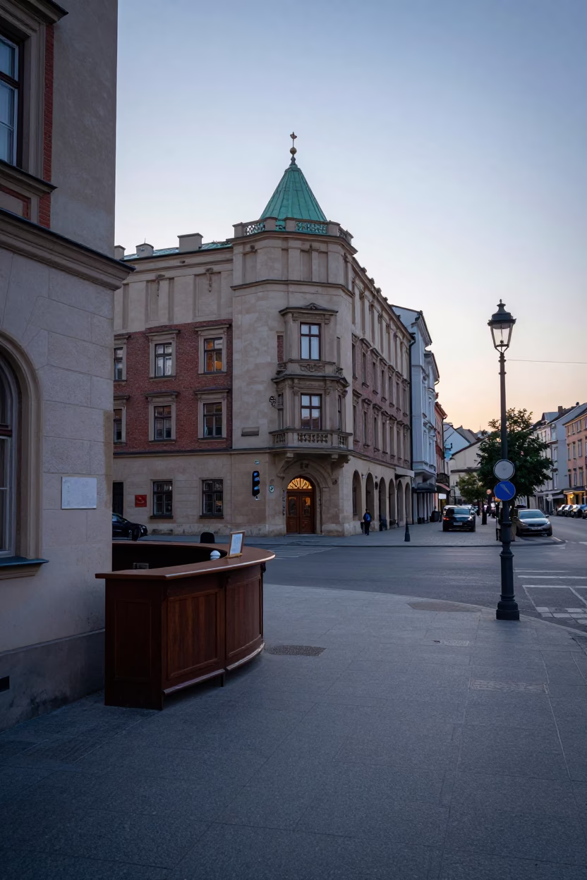 Early Morning Krakow Poland Street Scene Before Sunrise with Hotel Reception Desk and Passports in in Krakow, Poland