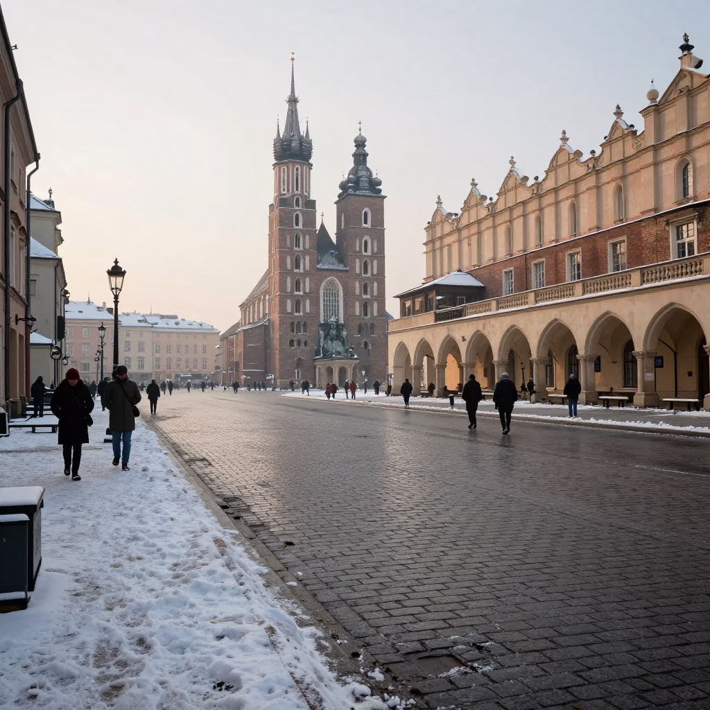 Early Morning Krakow Poland Street Scene with Snow and Local Life in in Krakow, Poland