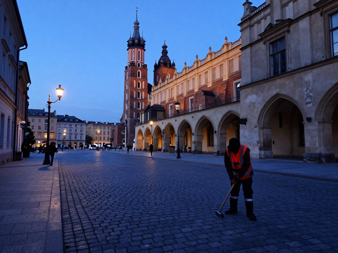 Early Morning Krakow Street Scene Before Dawn with Cobblestones and Local Life in in Krakow, Poland