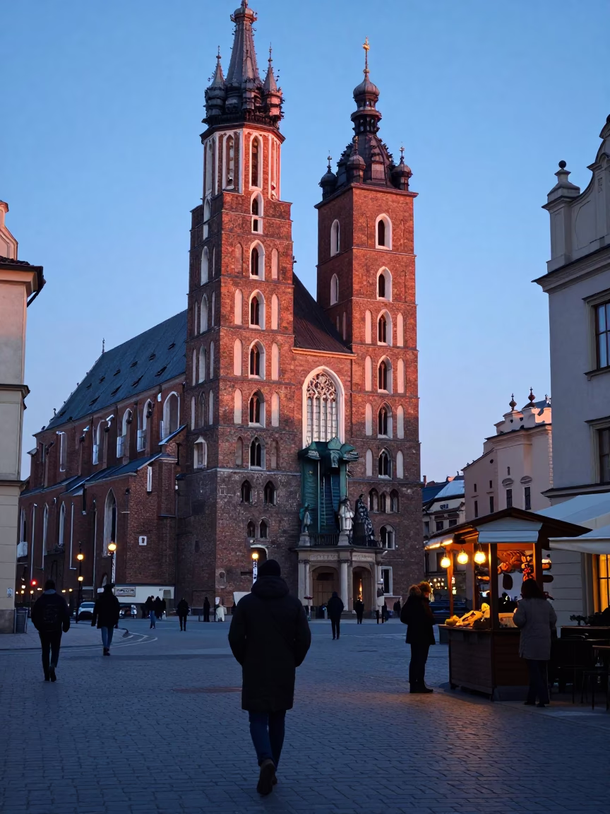 Early Morning Krakow Street Scene Before Sunrise with Local Details in in Krakow, Poland