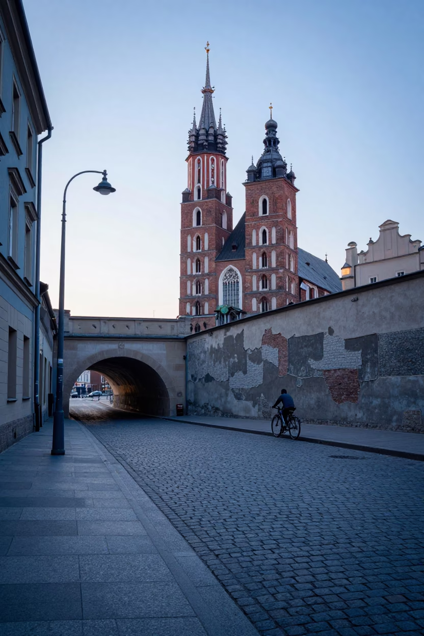 Early Morning Krakow Street Scene Before Sunrise with Urban Details in in Krakow, Poland