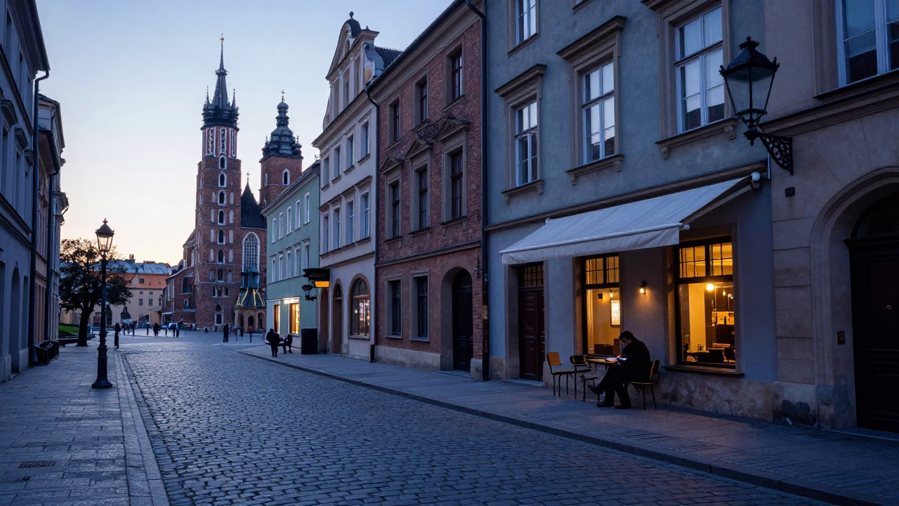 Early Morning Krakow Street Scene Before Sunrise with Writer in Cafe Window in in Krakow, Poland